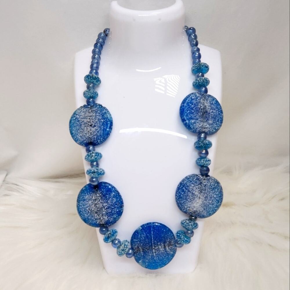 Boho Blue Art Glass Disc Beaded Necklace Chunky Coastal Statement Jewelry
